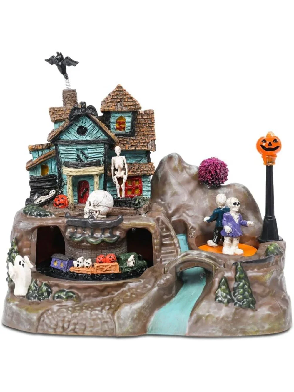 Lighted Haunted House Decor with Animated Train, Skull, Ghost & Pumpkin